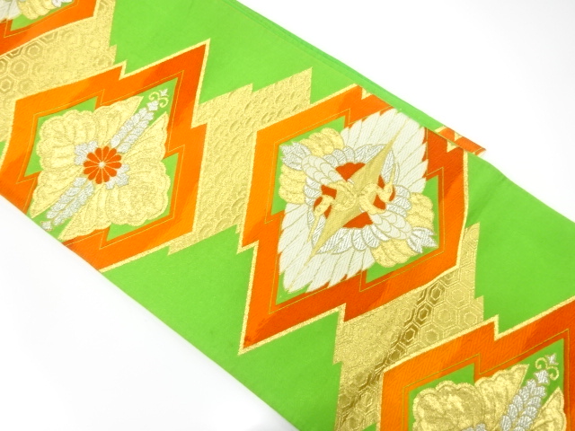 アンティーク　松皮菱に向かい鶴・花模様織り出し袋帯（材料）